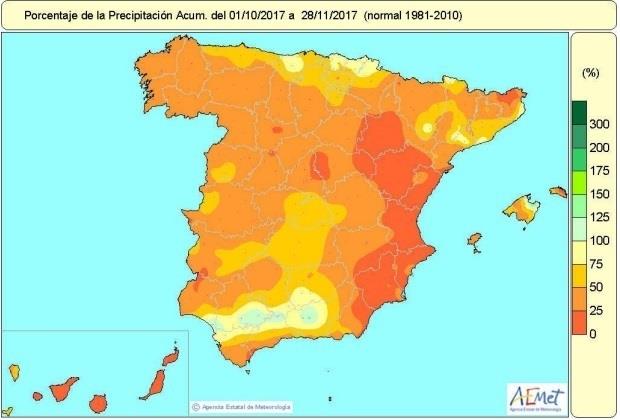 Distribución de lluvias en España del 1-12-2017 al 28-11-2018 | EUROPA PRESS ep distribucionlluviasespana1-12-201728-11-2018