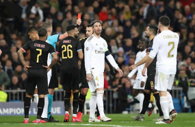 ep sergio ramos of real madrid cf reacts after receiving a red card during the uefa champions league