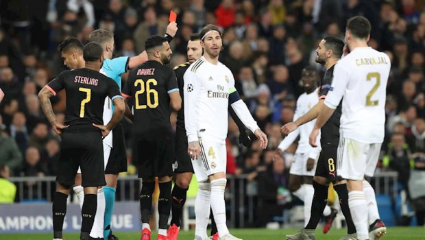 ep sergio ramos of real madrid cf reacts after receiving a red card during the uefa champions league