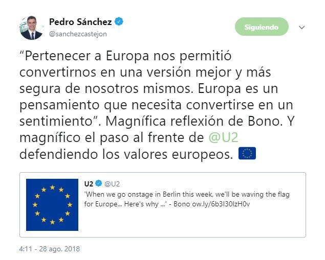 Tweet de Pedro Sánchez alabando un artículo del cantante Bono | TWITTER ep tweetpedro sanchez alabandoarticulocantante bono