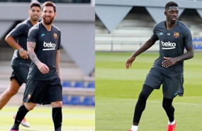 ep los jugadores del fc barcelona leo messi y ousmane dembele con el alta medica antes de recibir al