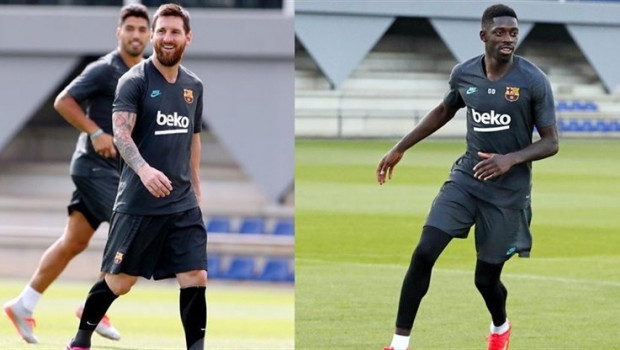 ep los jugadores del fc barcelona leo messi y ousmane dembele con el alta medica antes de recibir al