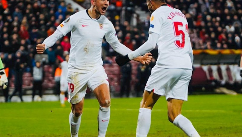 Luuk de Jong y Youssef En-Nesyri celebran un gol con el Sevilla FC. | @SEVILLAFC ep luuk de jong y youssef en-nesyri celebran un gol con el sevilla fc