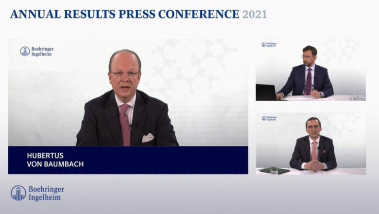 El presidente y ceo de Boehringer Ingelheim, Hubertus von Baumbach, y el miembro del Comité Ejecutivo, Michael Schmelmer (abajo a la derecha) drante la presentación de resultados de 2020. | EUROPA PRESS ep el presidente y ceo de boehringer ingelheim hubertus von baumbach y el miembro del comite
