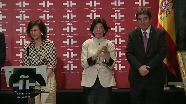 La Vicepresidenta Calvo Y La Ministra Celaá Con Luis García Montero | INSTITUTO CERVANTES ep la vicepresidenta calvola ministra celaa con luis garcia montero