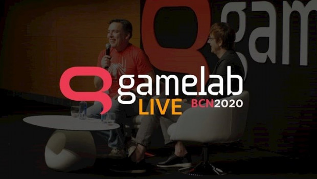 ep logo de gamelab 2020 con shawn layden izquierda de fondo y mark cerny derecha