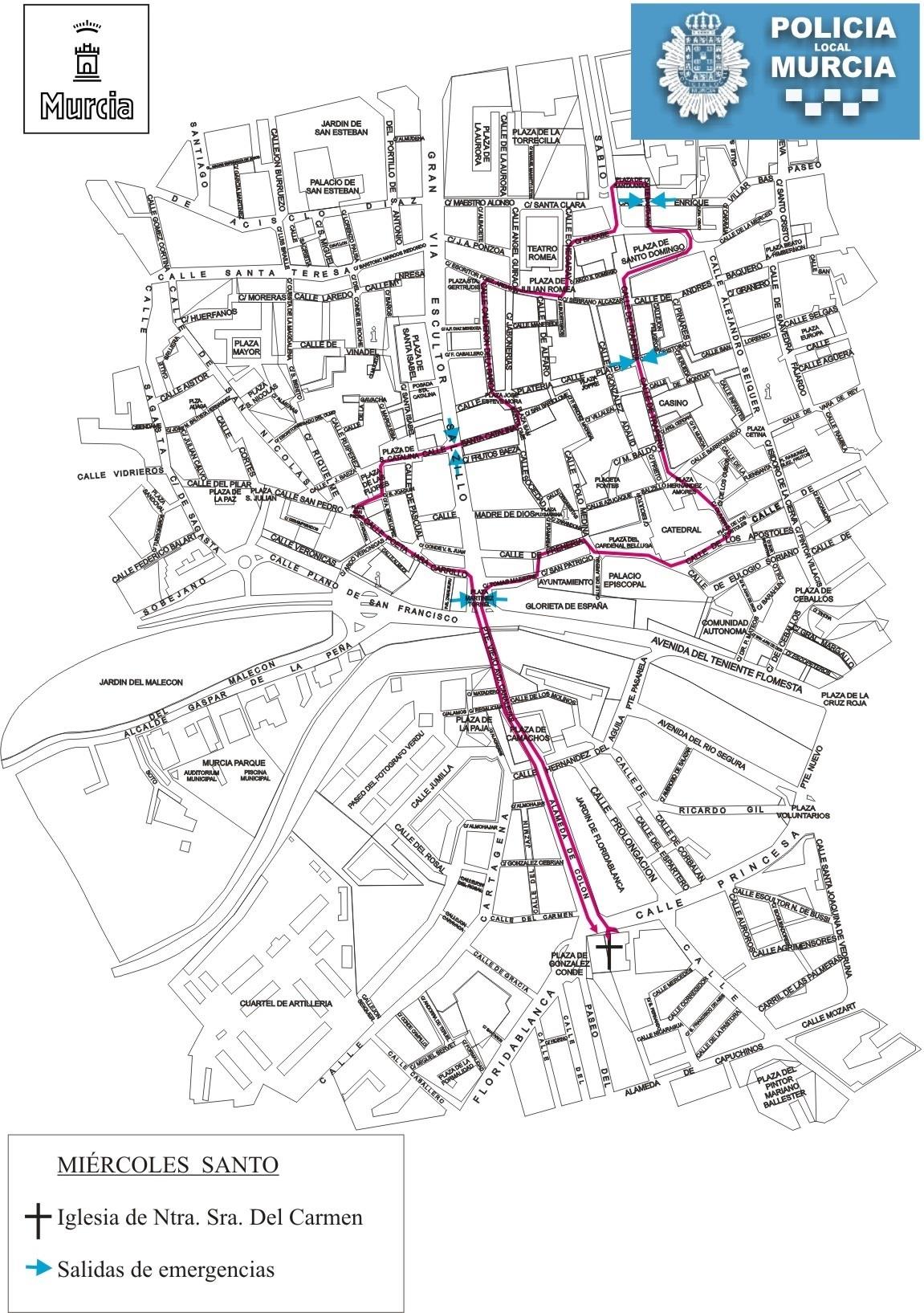 Itinerario procesión de los 'coloraos' el Miércoles Santo | POLICÍA LOCAL DE MURCIA ep itinerario procesion de los coloraos miercoles santo