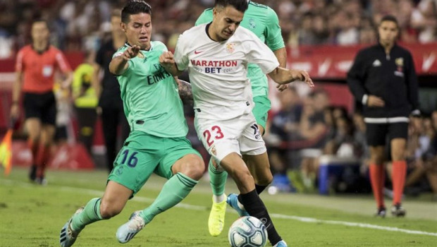 ep 22 september 2019 spain sevilla real madrids james rodriguez l sevillas sergio reguilon battle