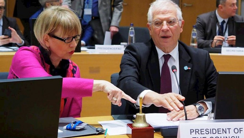 HANDOUT - 20 January 2020, Belgium, Brussels: EU foreign policy chief Josep Borrell (R) opens the European Foreign Affairs Council meeting on Libya in Brussels. Photo: -/EU Council/dpa - ATTENTION: editorial use only and only if the credit mentioned above | -/EU Council/dpa ep dpa - attention editorial use only and only if the credit mentioned above