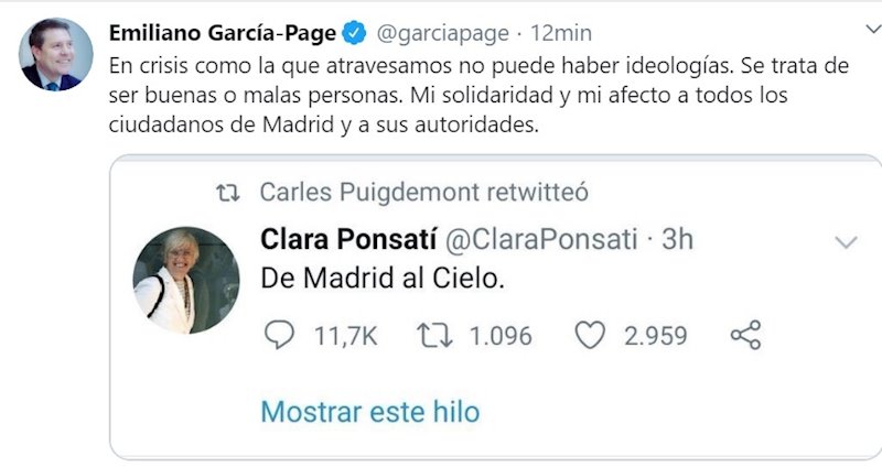 Tweet de García-Page cargando contra la exconsejera catalana Clara Ponsatí | TWITTER: @GARCIAPAGE ep tweet de garcia-page cargando contra la exconsejera catalana clara ponsati