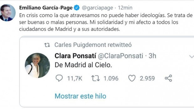 ep tweet de garcia-page cargando contra la exconsejera catalana clara ponsati