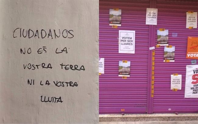 Pintan y ponen carteles independentistas en el negocio de los padres de Rivera | CIUDADANOS ep pintanponen carteles independentistasnegociolos padresrivera
