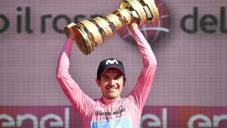 ep 02 june 2019 ecuadorian cyclist richard carapaz of team movistar holds the never ending trophy on ep 02 june 2019 ecuadorian cyclist richard carapaz of team movistar holds the never ending trophy on