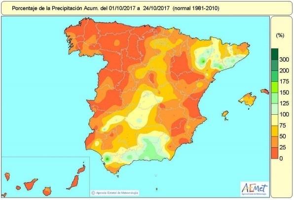 Las lluvias acumuladas, un 57% por debajo del nivel normal hasta el 24-10-2017 | AEMET ep las lluvias acumuladas un 57 por debajonivel normal24-10-2017