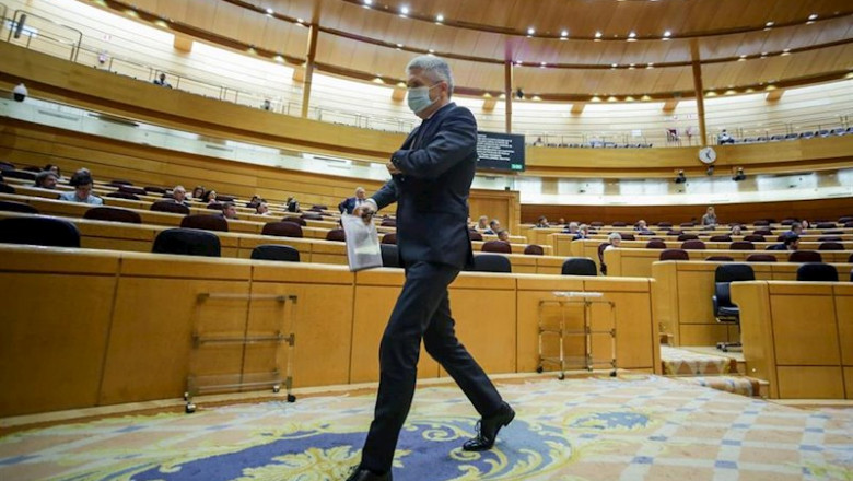 El ministro del Interior, Fernando Grande-Marlaska, a su salida del pleno en el Senado en el que se cuestionan, entre otros asuntos, los costes del Ingreso Mínimo Vital y Ley de dependencia; la Proposición de Ley por la que se modifica la Ley 19/2007, de | EUROPA PRESS/R.Rubio.POOL - Europa Press ep 2007 de