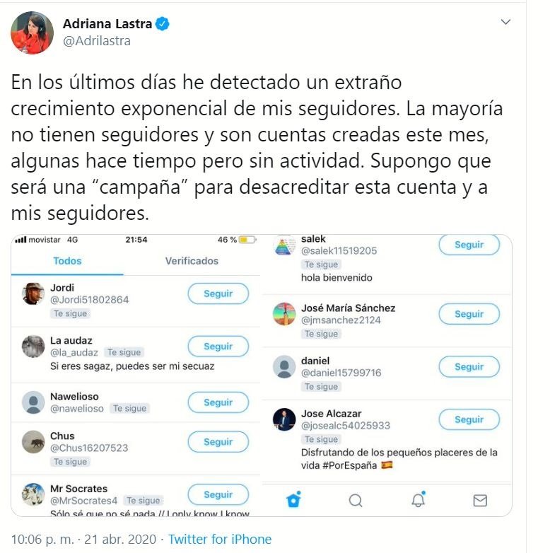 ep cuenta de twitter de adriana lastra en la que denuncia un extrano crecimiento exponencial de sus