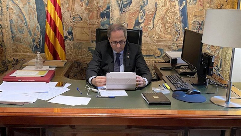 El presidente del Govern, Quim Torra, en videoconferencia desde la Casa dels Canonges. | GENERALITAT DE CATALUNYA ep el presidente del govern quim torra en videoconferencia desde la casa dels canonges