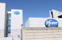 ep logo de pfizer en el edificio de los laboratorios de la marca en madrid espana a 2020