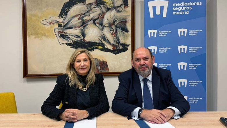 Elena Jiménez de Andrade, presidenta del Colegio de Mediadores de Seguros de Madrid, y Pedro Junquera, delegado Centro de Grupo Mutua Propietarios. | COLEGIO MEDIADORES DE MADRID ep elena jimenez de andrade presidenta del colegio de mediadores de seguros de madrid y pedro