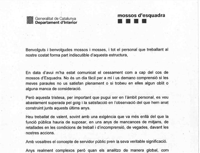 La carta de despedida del hasta ahora mayor de los Mossos J.Ll.Trapero. | EUROPA PRESS ep la cartadespedidahasta ahora mayorlos mossos jlltrapero