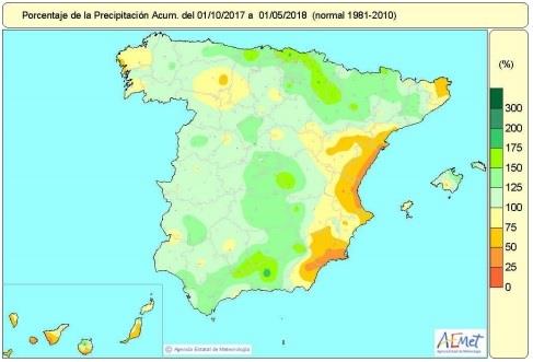 Distribución de lluvias acumuladas en España hasta el 1 de mayo | AEMET ep distribucionlluvias acumuladasespana1mayo