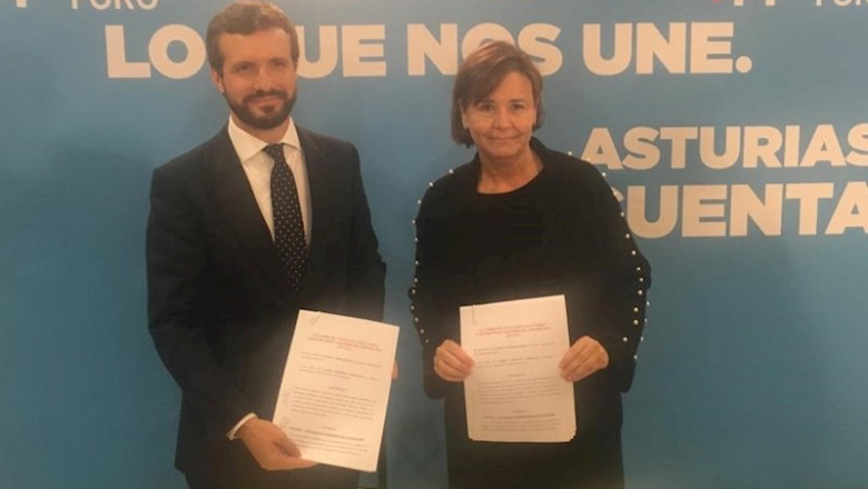El presidente del PP, Pablo Casado, y la presidenta de Foro, Carmen Moriyón, reeditan el acuerdo de coalición para las elecciones generales | EUROPA PRESS ep el presidente del pp pablo casado y la presidenta de foro carmen moriyon reeditan el acuerdo de