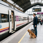 ep archivo   viajero con un perro a punto de entrar a un tren