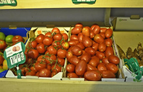 ep cajas de tomates tomates en rama y tomates de pera en un mercado de madrid