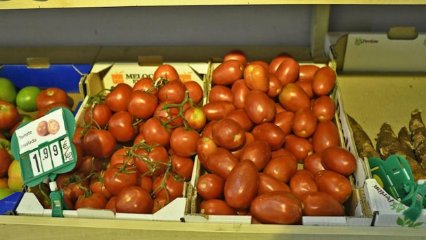 ep cajas de tomates tomates en rama y tomates de pera en un mercado de madrid