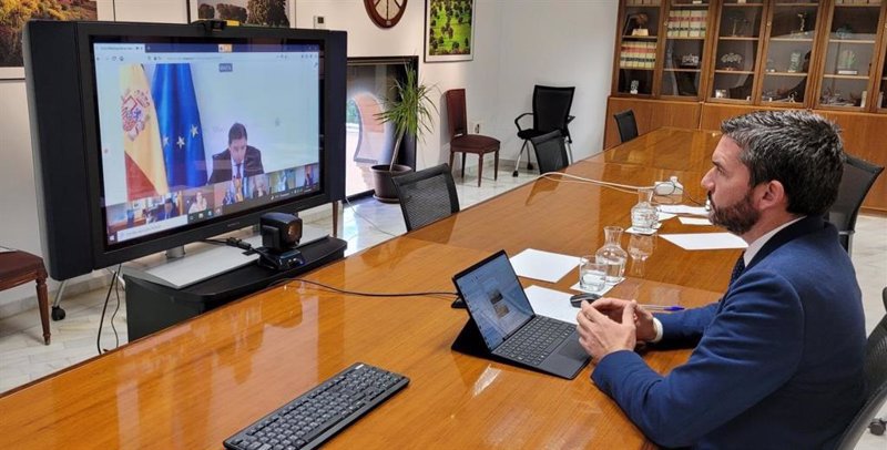 El consejero Antonio Luengo, durante la videoconferencia mantenida con el ministro de Agric ultura, Luis Planas. | GOBIERNO REGIONAL ep el consejero antonio luengo durante la videoconferencia mantenida con el ministro de agric ultura