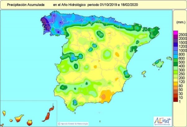 Precipitaciones acumuladas en España desde el pasado 1 de octubre de 2019 hasta el 18 de febrero de 2020 | AEMET ep precipitaciones acumuladas en espana desde el pasado 1 de octubre de 2019 hasta el 18 de febrero