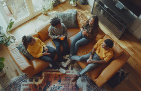 friends enjoying drinks together cozy couch modern living room filled with natural light greenery 20260918161709 