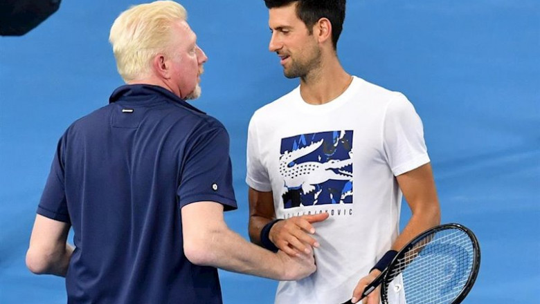 ep german atp cup captain boris becker l talks with serbian tennis player novak djokovic during a ep german atp cup captain boris becker l talks with serbian tennis player novak djokovic during a