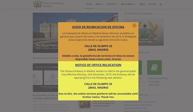 ep pagina web de la embajada de ghana anunciando su traslado a la antigua sede de iu