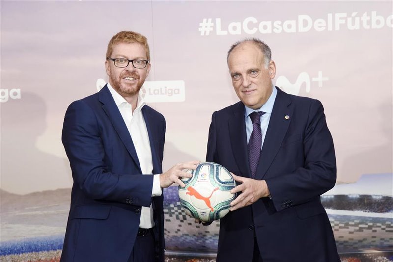 ep el presidente de laliga javier tebas en el acto de firma con movistar